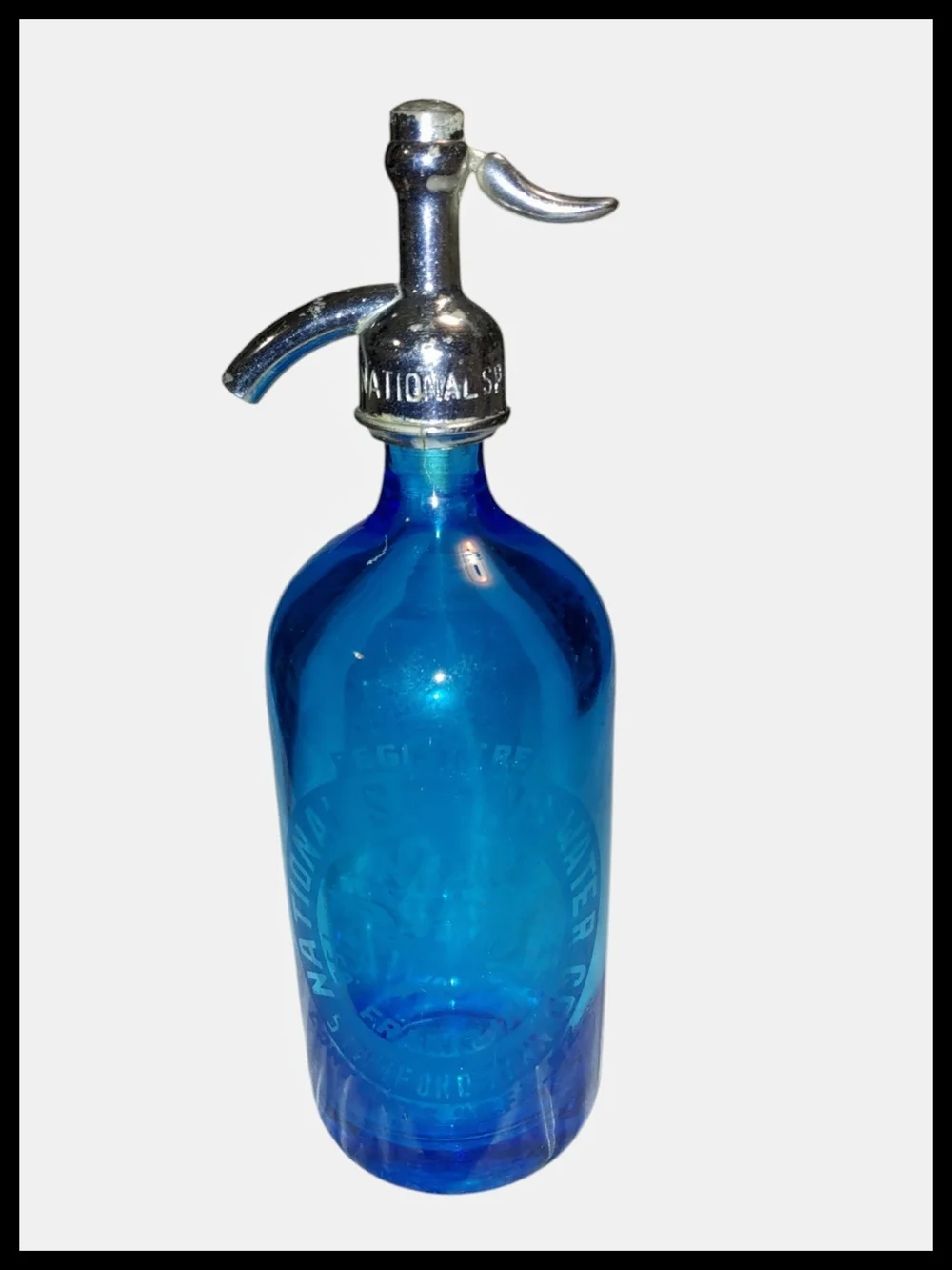 Vintage National Spring Water Co Stamford CT Blue Seltzer Bottle Austria